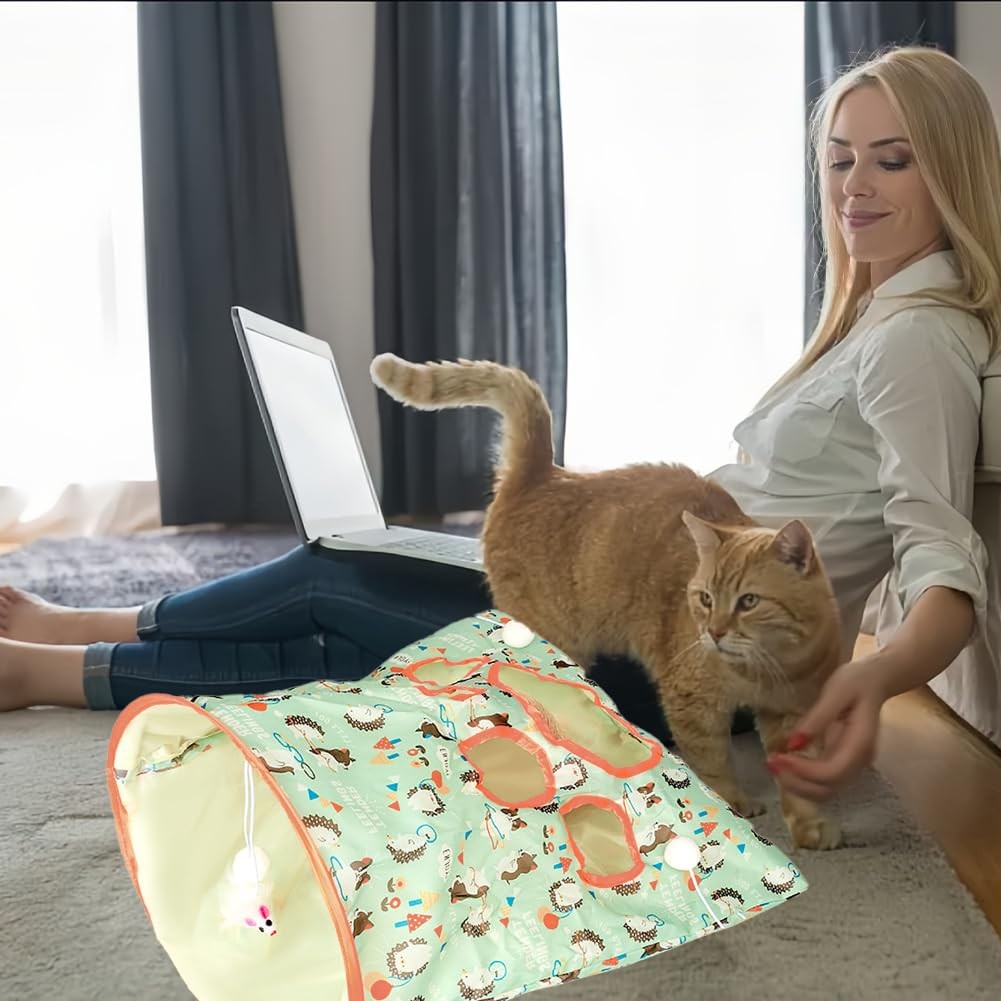 Cat Tunnel Toy Bags Little Mouse 3 Ball Crinkle Sack Portable Cave Green