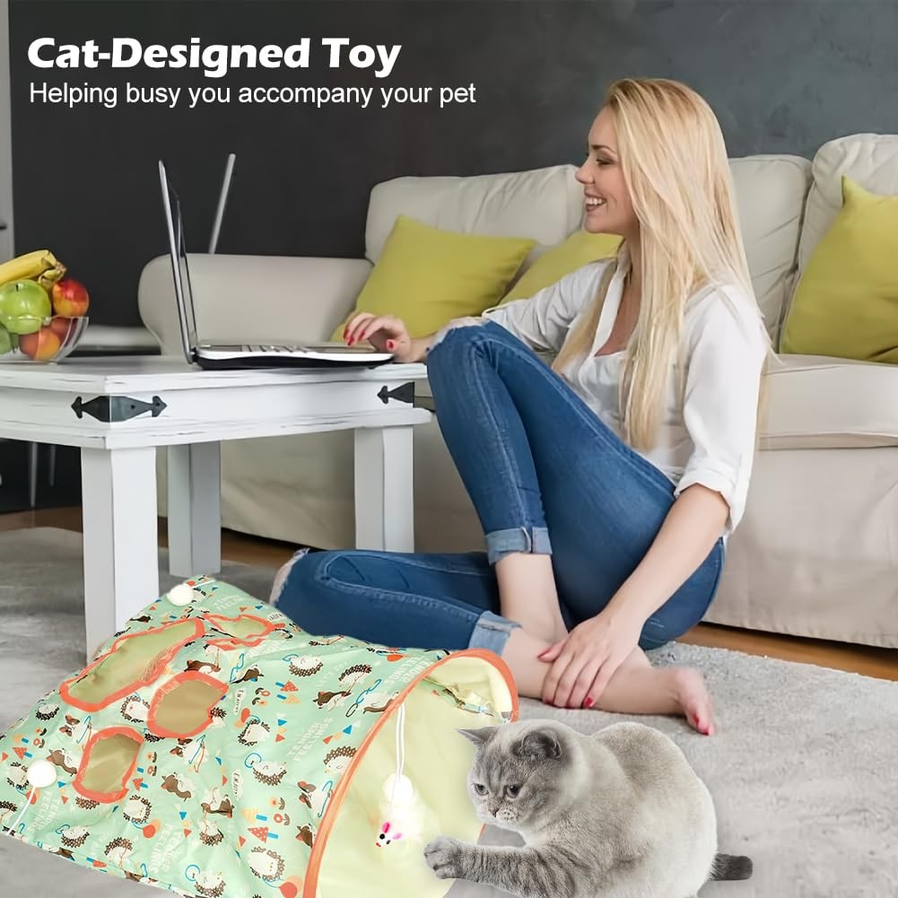 Cat Tunnel Toy Bags Little Mouse 3 Ball Crinkle Sack Portable Cave Green