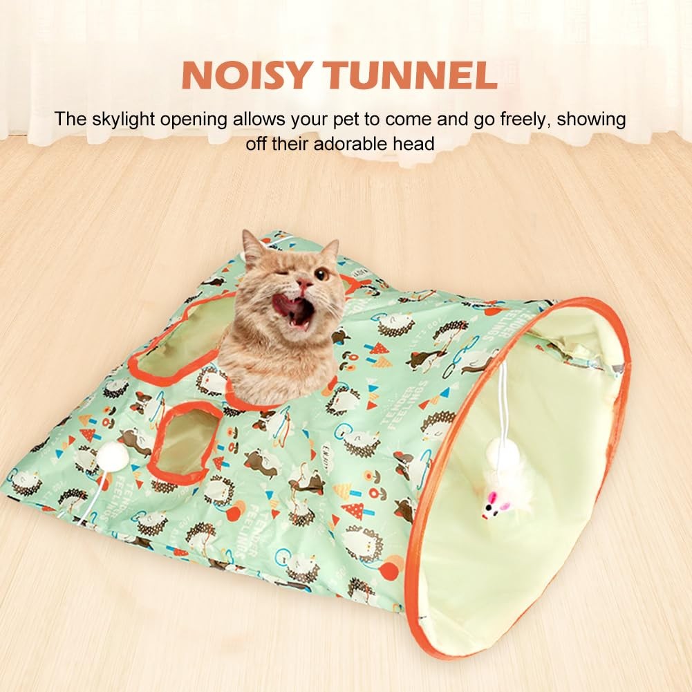 Cat Tunnel Toy Bags Little Mouse 3 Ball Crinkle Sack Portable Cave Green
