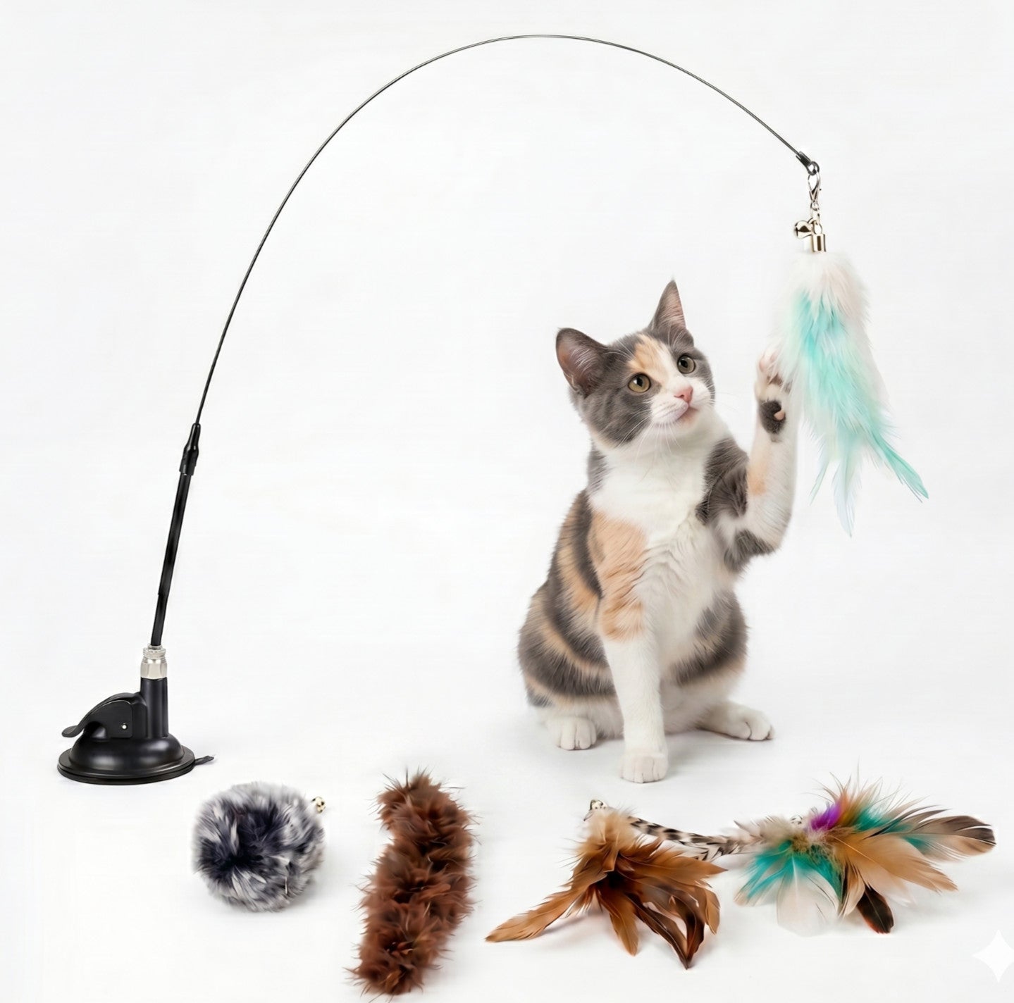 Interactive Cat Wand Toy with Suction Cup, 5-Piece Feather Teaser Set for Cats
